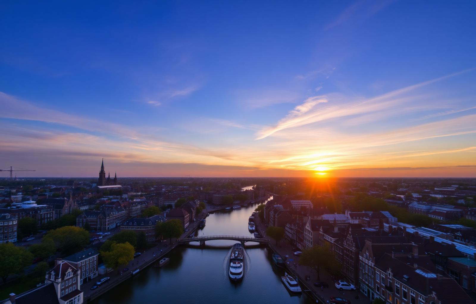 Amsterdam skyline at sunset